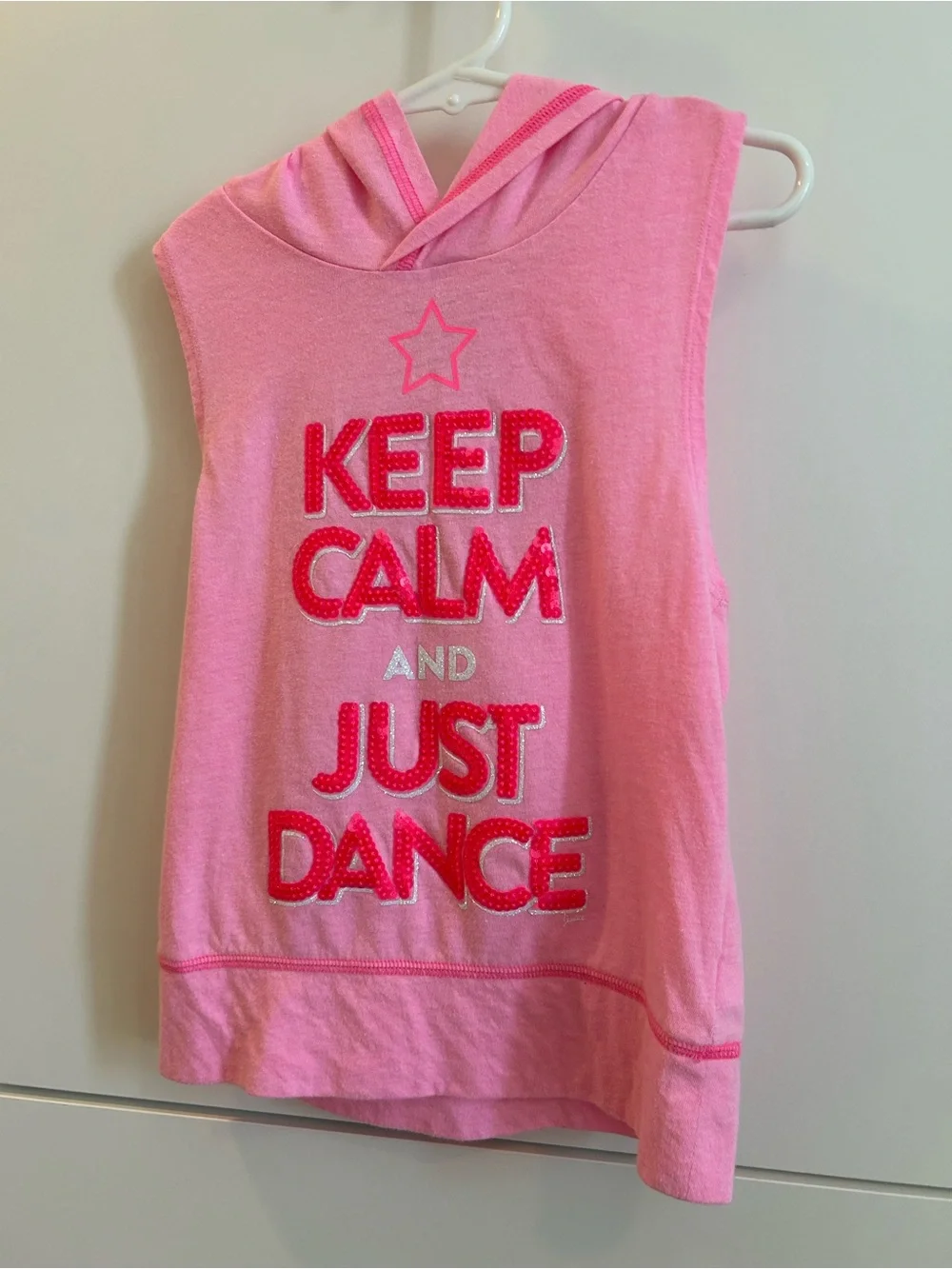 Pink Sleeveless Hooded Tank with Metallic Logo “Keep Calm and Just Dance” Size 7